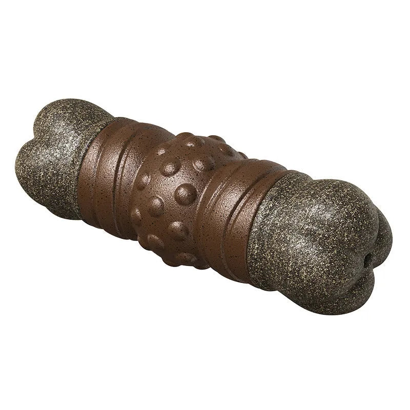 Wood coloured plastic dog bone toy with textured molar cleaning rods and a squeaker.