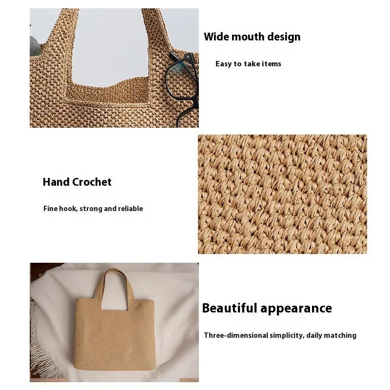 Khaki coloured woven straw tote bag with double straps showing open top and horizontal square shape.