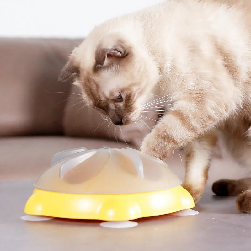 Yellow pet entertainment plate for cats serving as dual-purpose snack bowl and interactive toy