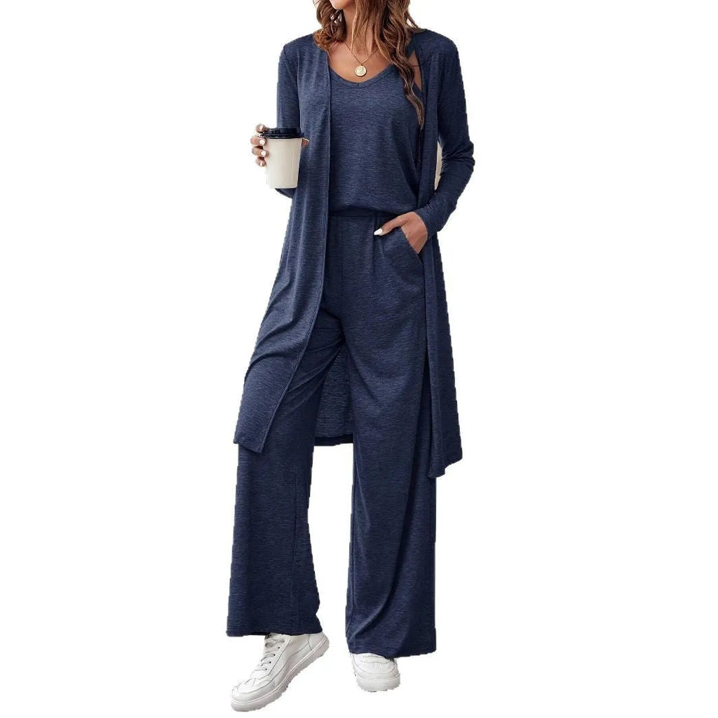 Blue women's casual suit set with cardigan top and trousers in Japanese Korean style