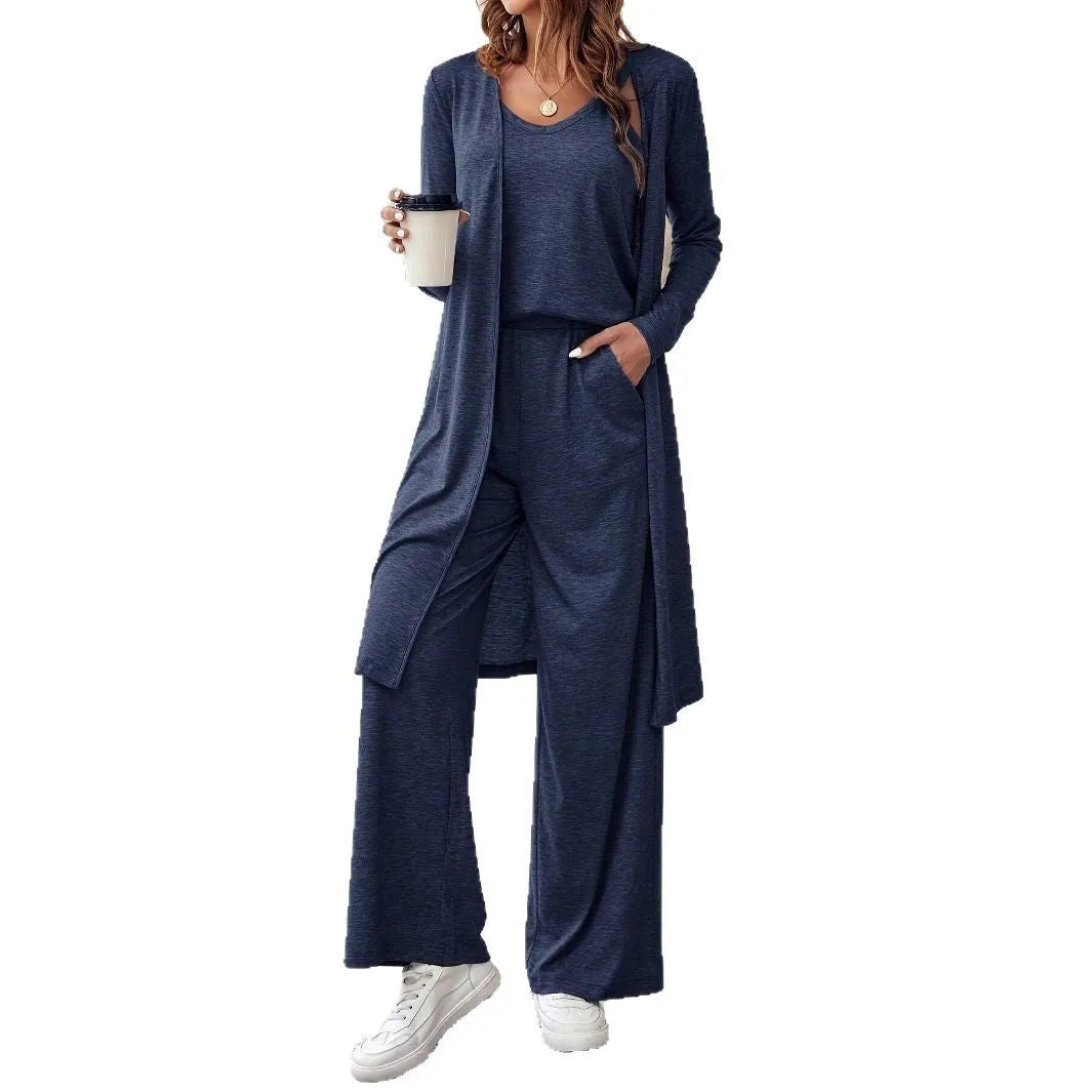 Blue women's casual suit set with cardigan top and trousers in Japanese Korean style