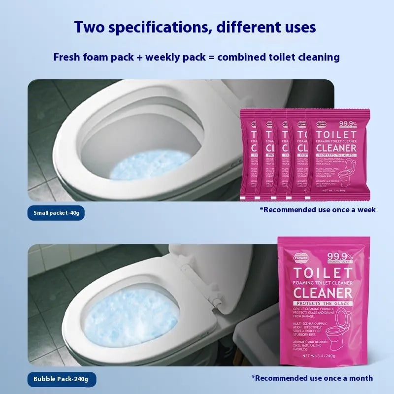 Toilet bubble effervescent cleaning powder in blue or pink fragrance, showing 240g bag and box of 40g sachets.