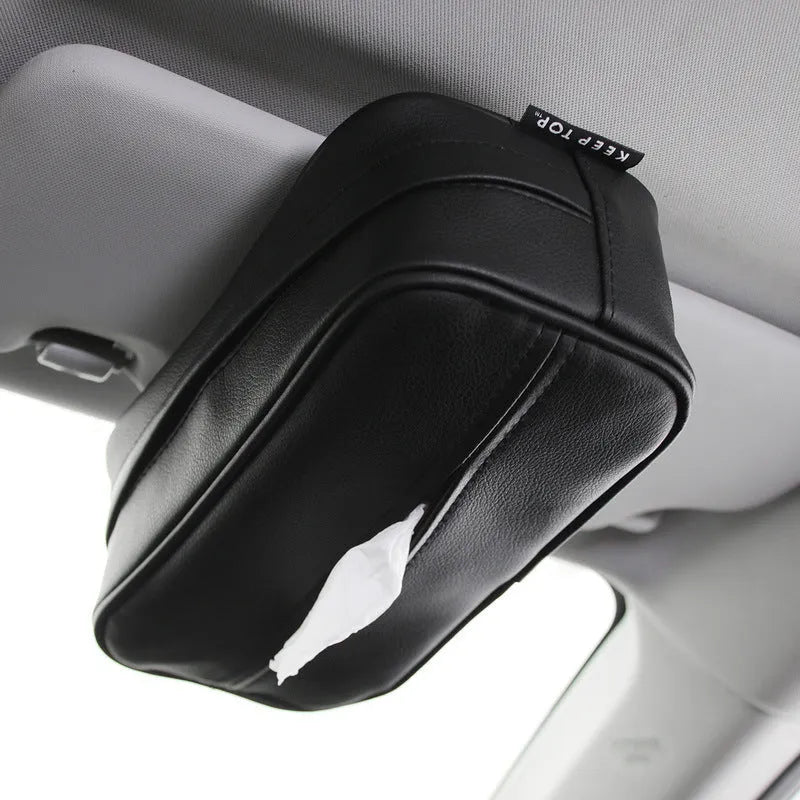Black and beige PU leather hanging storage box for car, home and outdoor use.
