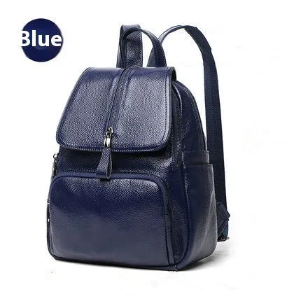 Solid colour genuine leather women's backpack with front sandwich pocket in blue.