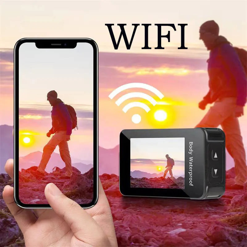 Black outdoor sports camera with touch screen, measuring 66x44x31mm with 170 degree wide angle lens