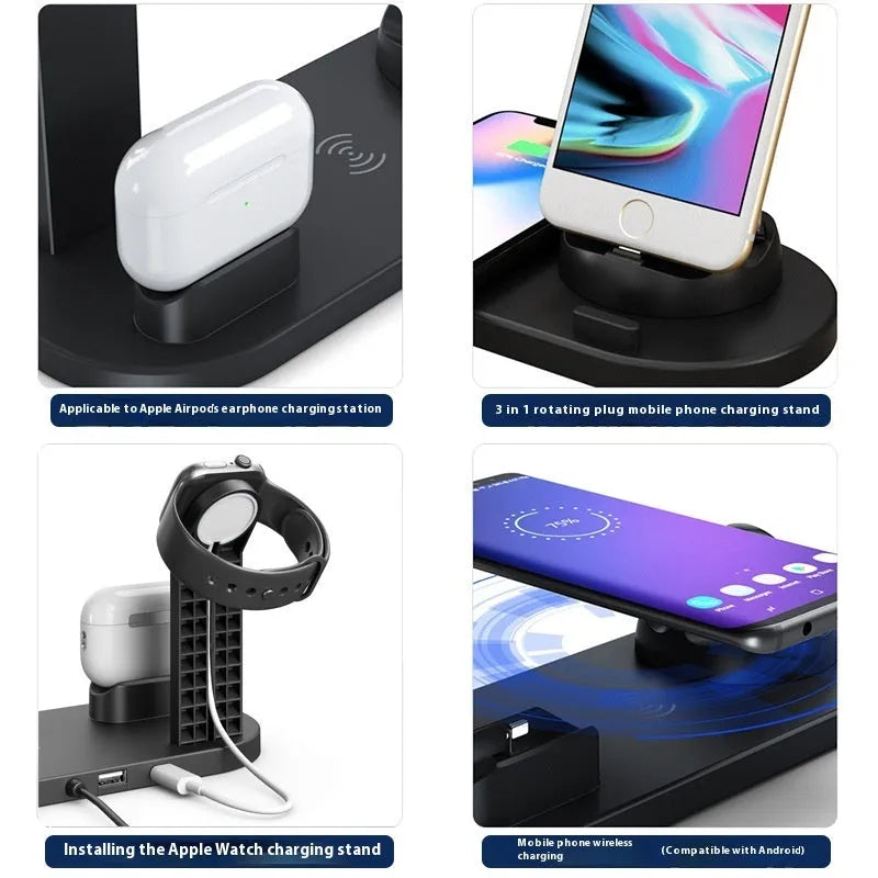 Universal wireless charging stand for mobile phone, smartwatch and headphones in black colour