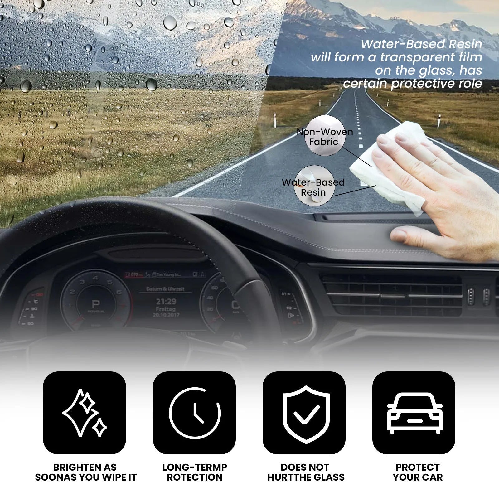 Car anti-fog rain wipes 40-pack with water-based resin formula measuring 18x8x3cm
