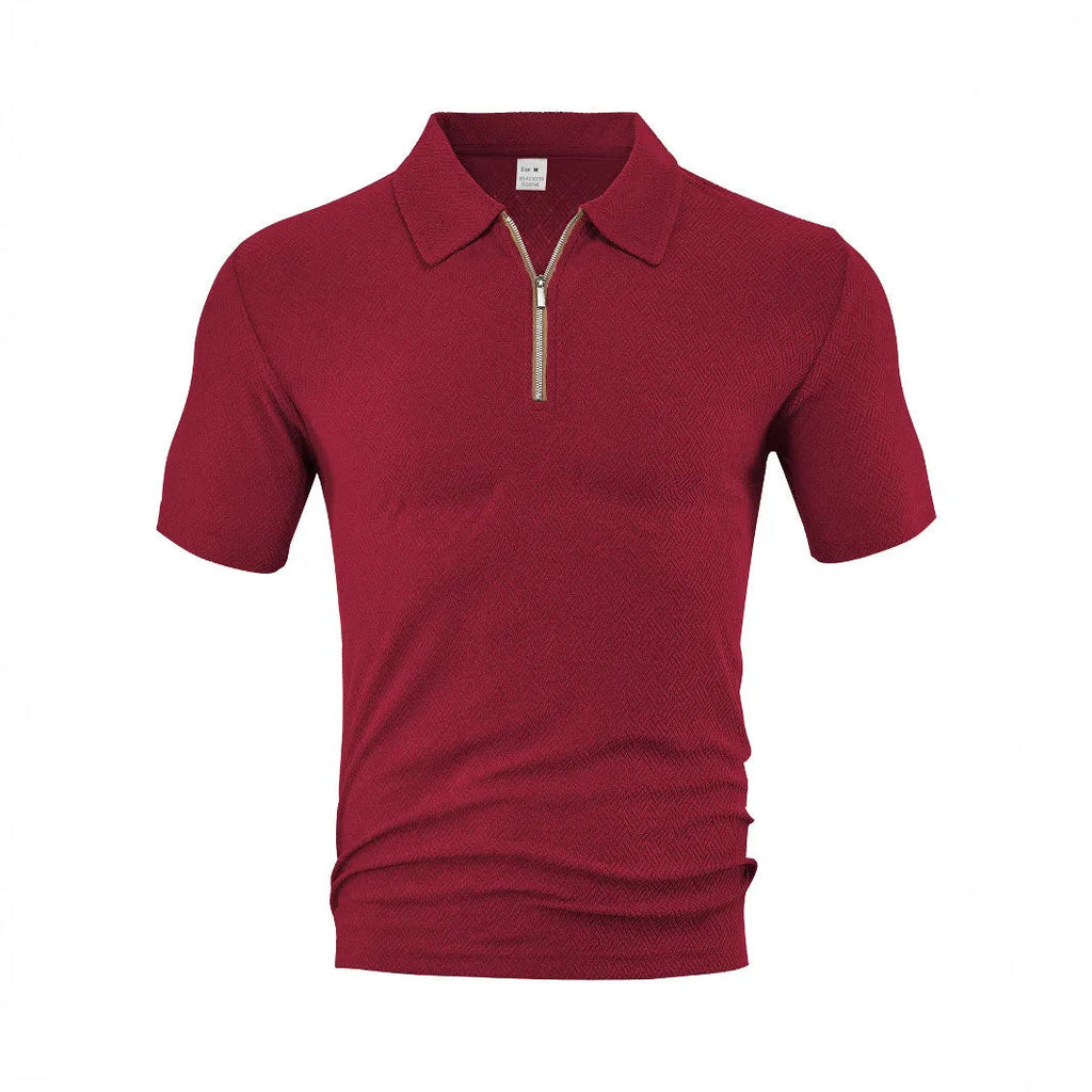 Men's loose zippered short sleeve casual shirt in white, front view with side slits