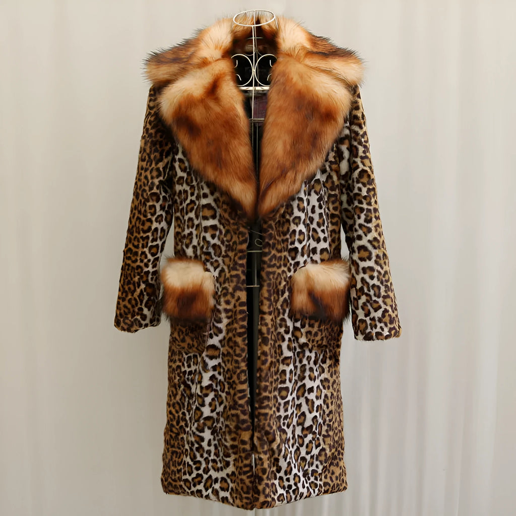 Women's long artificial fur jacket in leopard print with regular sleeves, shown in street fashion style.
