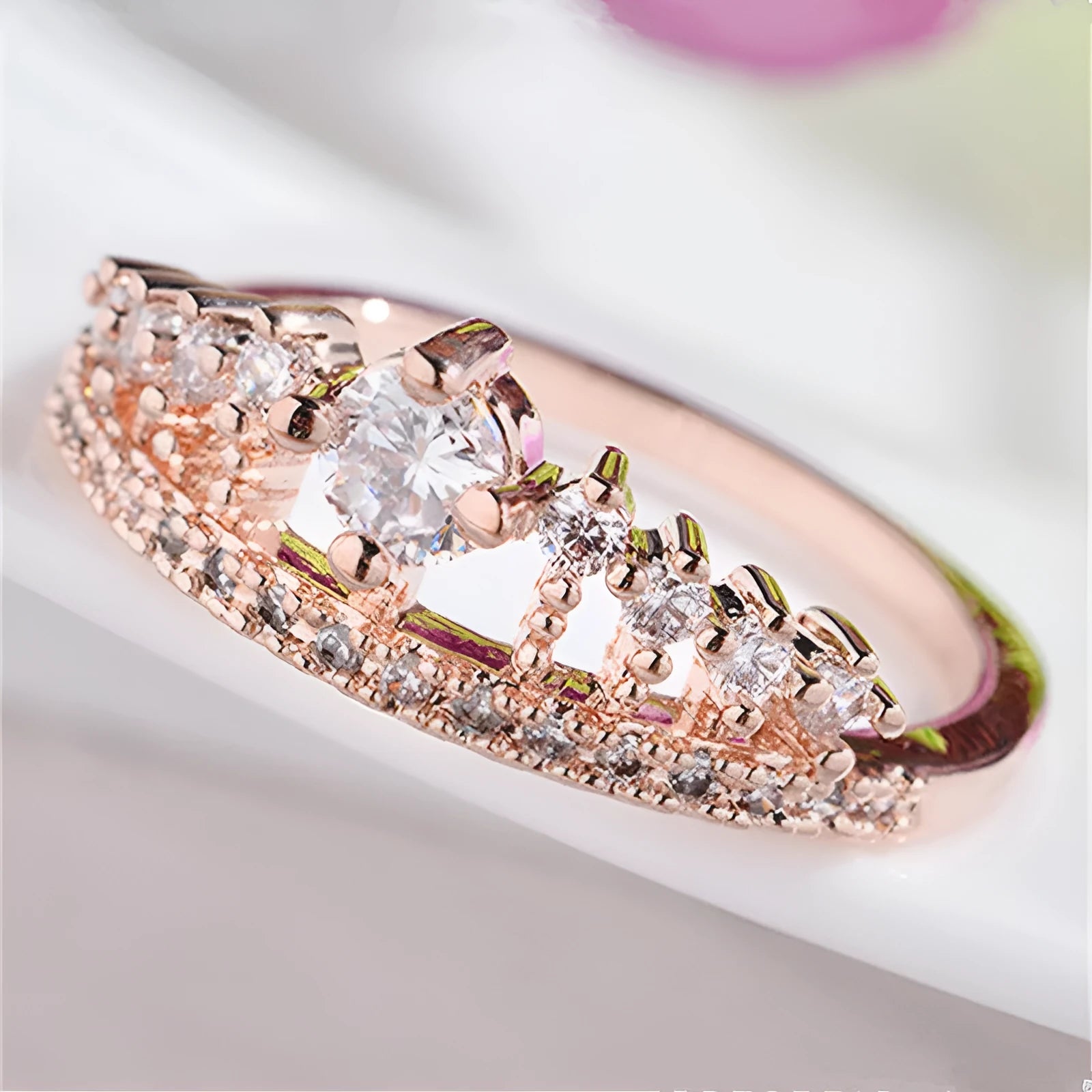 Micro-set crown ring copper electroplated unisex with gold finish and gem inlay