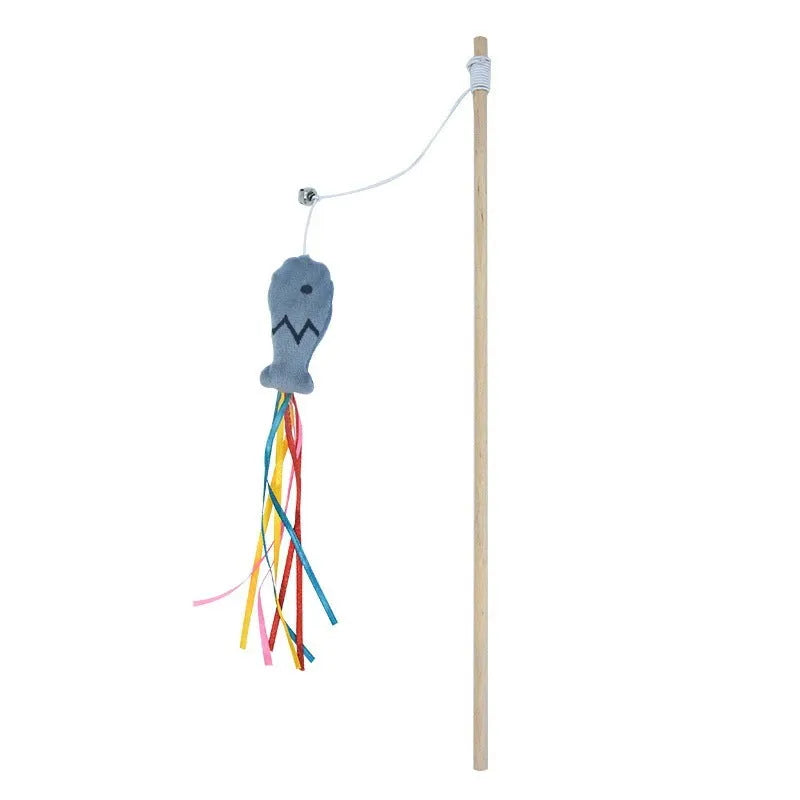 Blue handled cat teaser wand with colourful ribbons, a bell, and a catnip fish dangling from an elastic rope
