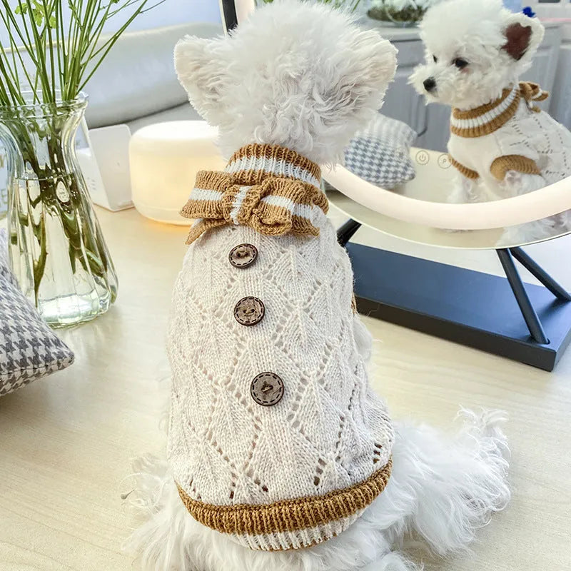 Bowknot hollow knit dog sweater in coffee white, winter pet apparel with lattice pattern