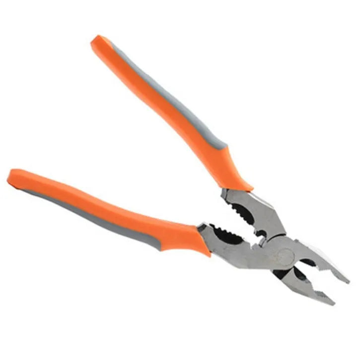 Orange handled 9 inch multi-function wire cutter pliers with alloy steel jaws.