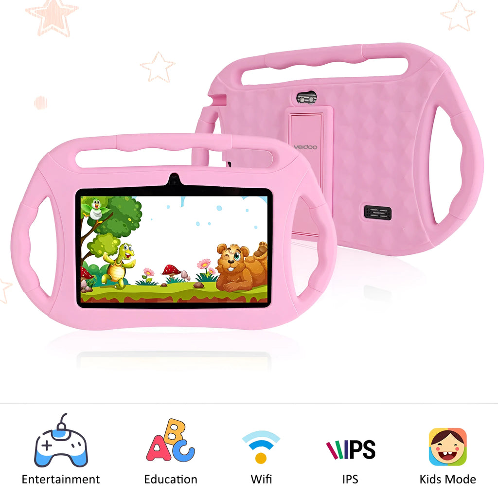 7-inch children's tablet PC in blue with three handles, showing Android 10 home screen