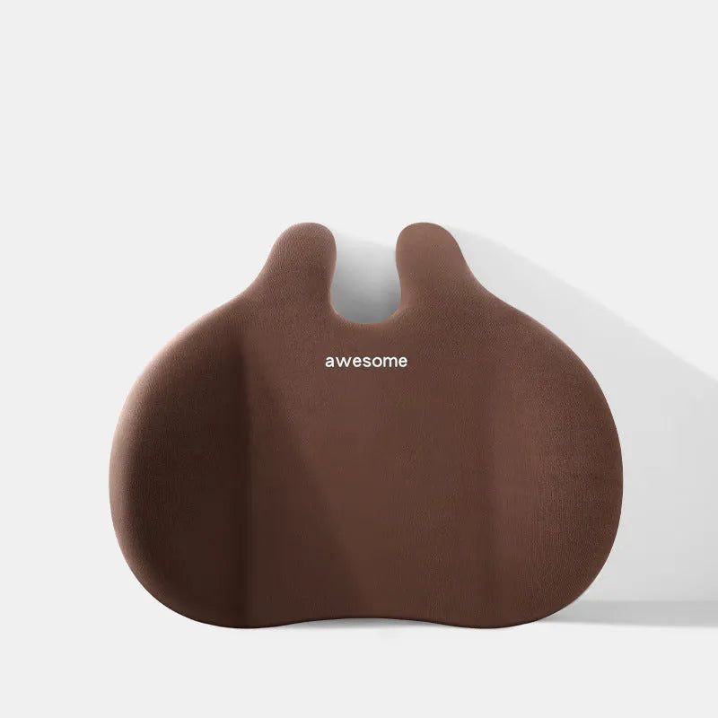 Black car headrest and lumbar support pillow set with cow head design pattern.