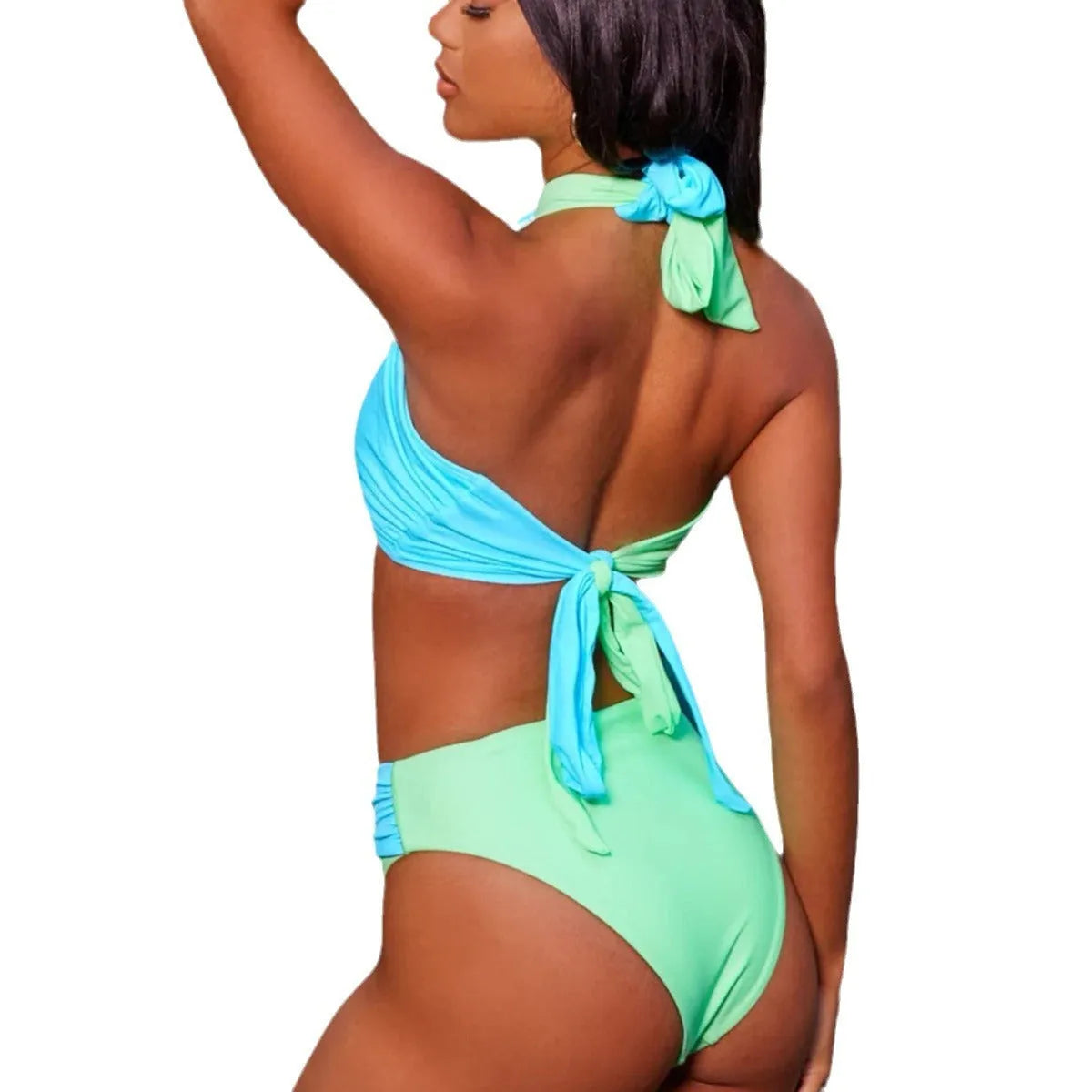 Solid colour cross lace-up cutout split swimsuit for women, high waist backless polyester briefs, available in multiple colours