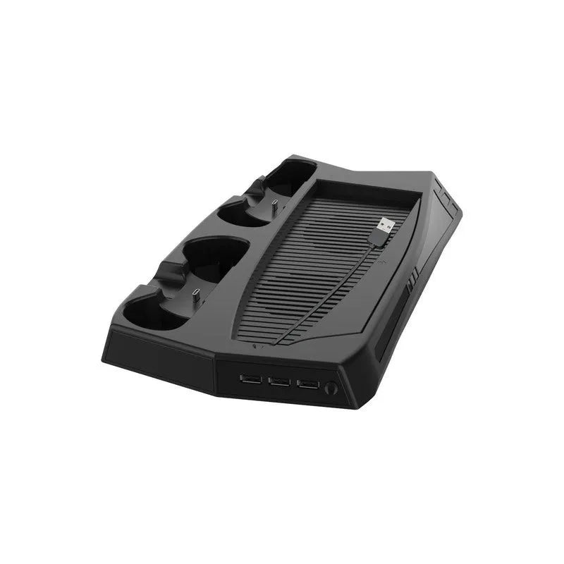 Black PS5 charging cooling base station with two controller docks and USB ports