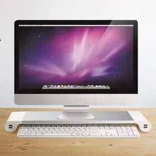 Silver and black computer monitor stand with USB ports on the front and a keyboard shelf underneath