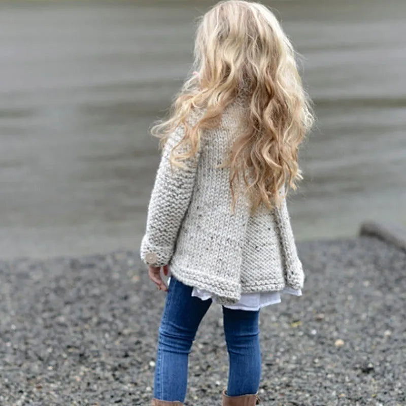 Beige girls' cardigan sweater coat with long sleeves and single-breasted closure