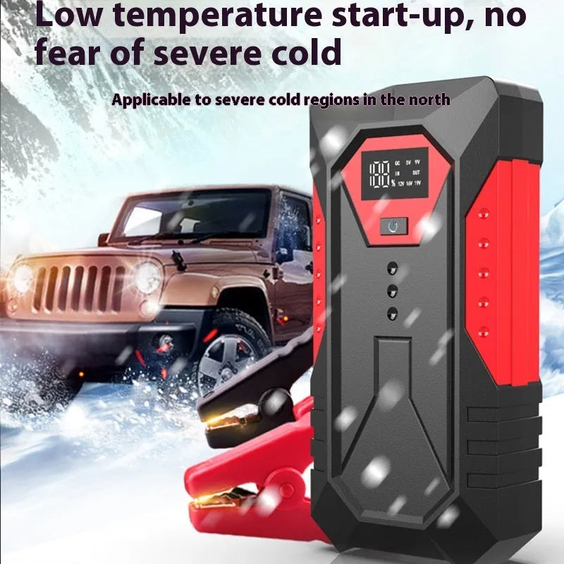 Red 12V car jump starter power bank with battery clamps, 18800mAh capacity for emergency vehicle starting