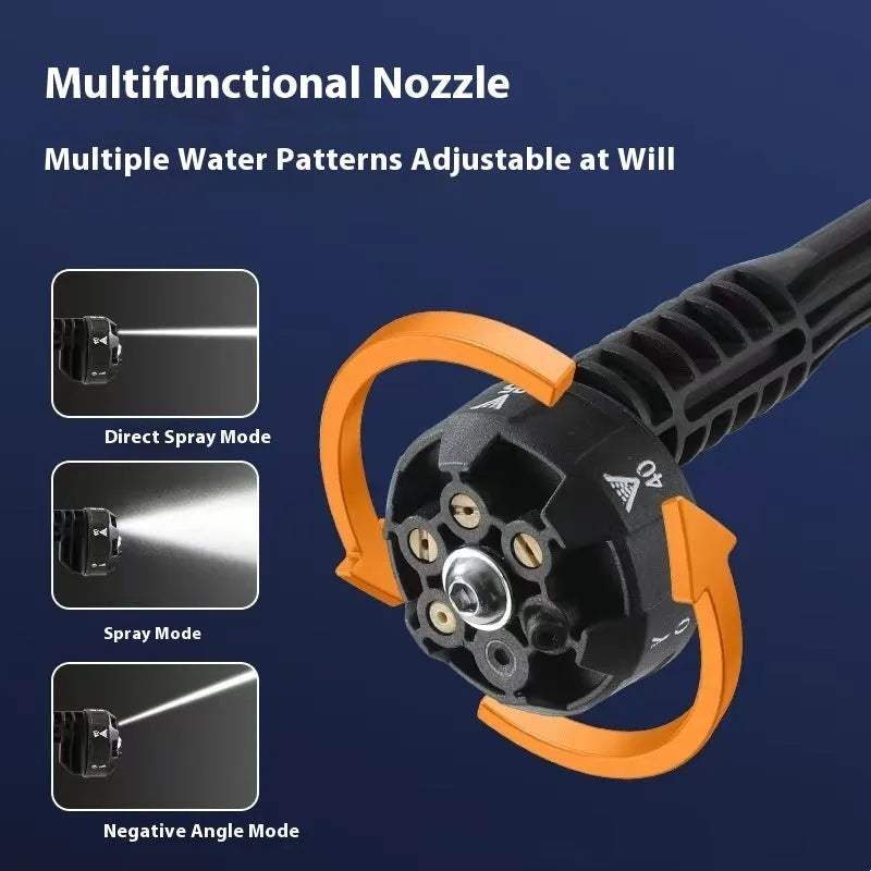 Wireless high-pressure water gun with green overpressure handle and multiple spray nozzle attachments