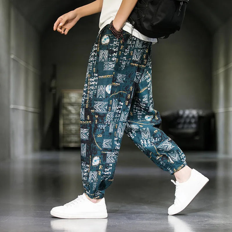 Men's cotton wide leg casual trousers with print, loose fit, available in multiple colours and sizes