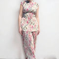 Long sleeve printed chiffon dress high waist two-piece set with matching top in picture colour.