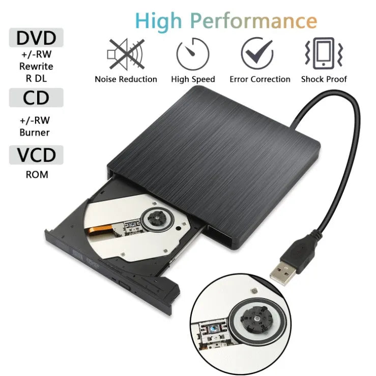 Black external optical disk drive with USB 2.0 and 3.0 for DVD burning
