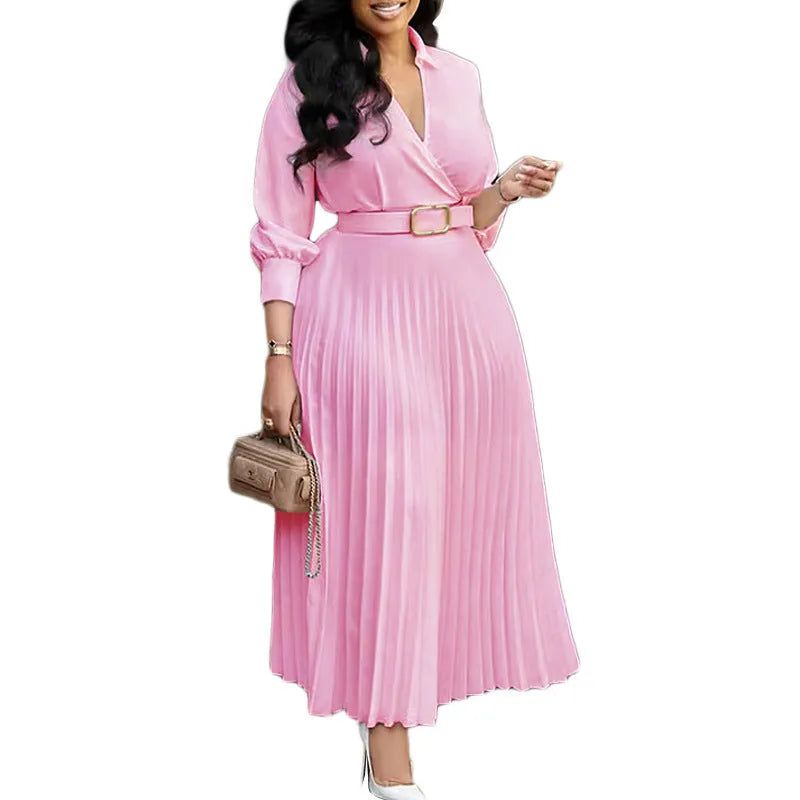 Women's polo collar pleated dress with swing skirt and belt in autumn winter style