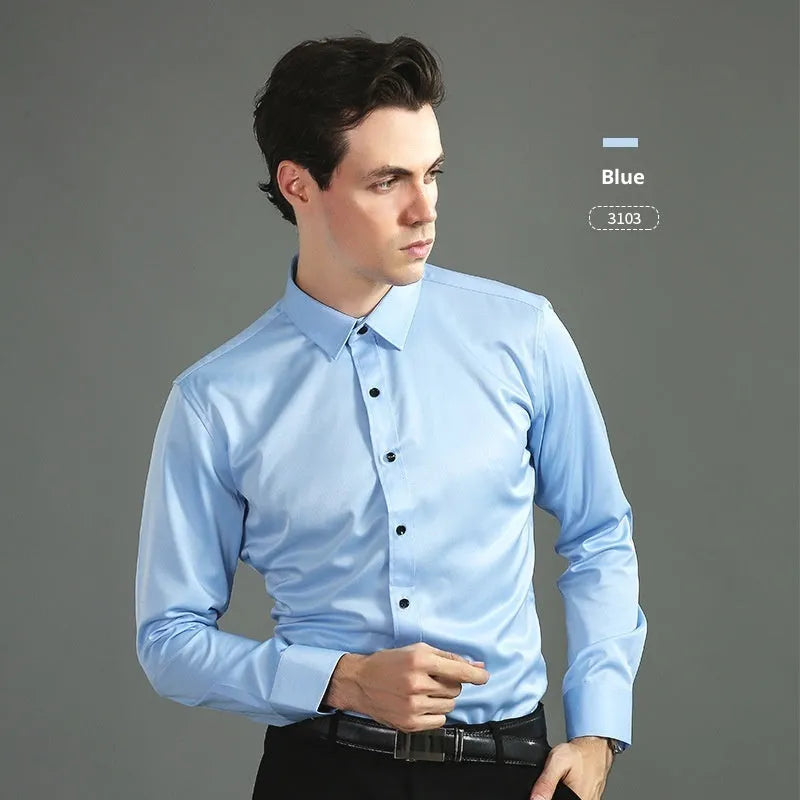 Casual four-way stretch long sleeve shirt in solid colour, slim fit cardigan style for weddings and business, polyester fibre blend