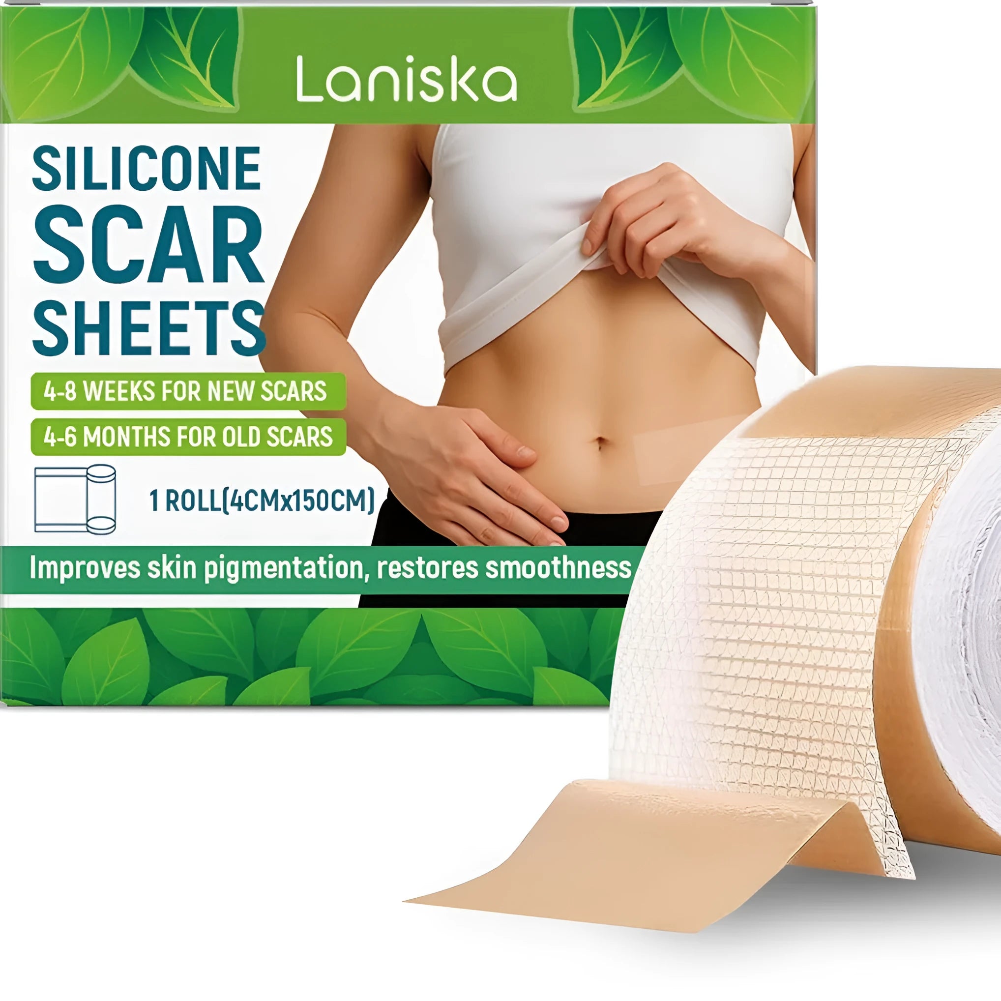Roll of silicone scar sheet measuring 4cm wide with tea tree oil and aloe extract for scar treatment