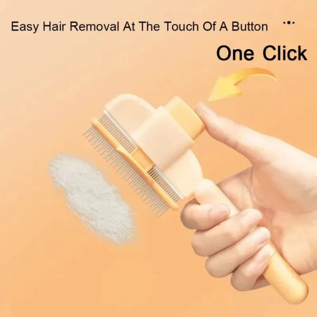 Green and yellow dog grooming brush with one-click hair removal and anti-mite function