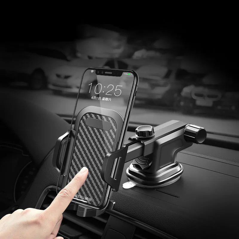 Black adjustable car phone holder for 4 to 7 inch smartphones mounted on car dashboard