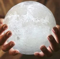 3D printed moon lamp showing detailed lunar surface with wood holder and touch control ring