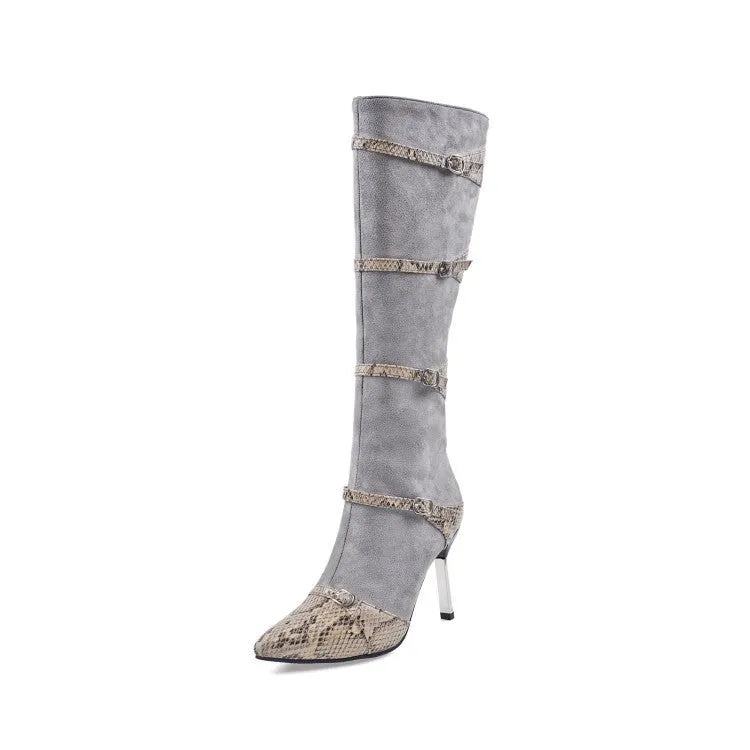 Women's grey knee high stiletto boots with a 9cm heel and pointed toe on a plain background.