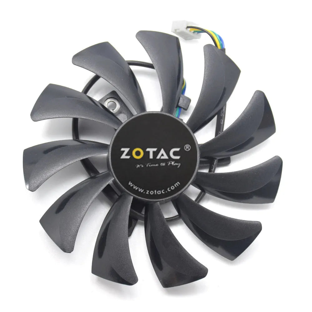 Black square graphics card cooling fan showing 4-pin connector and 85mm dimensions
