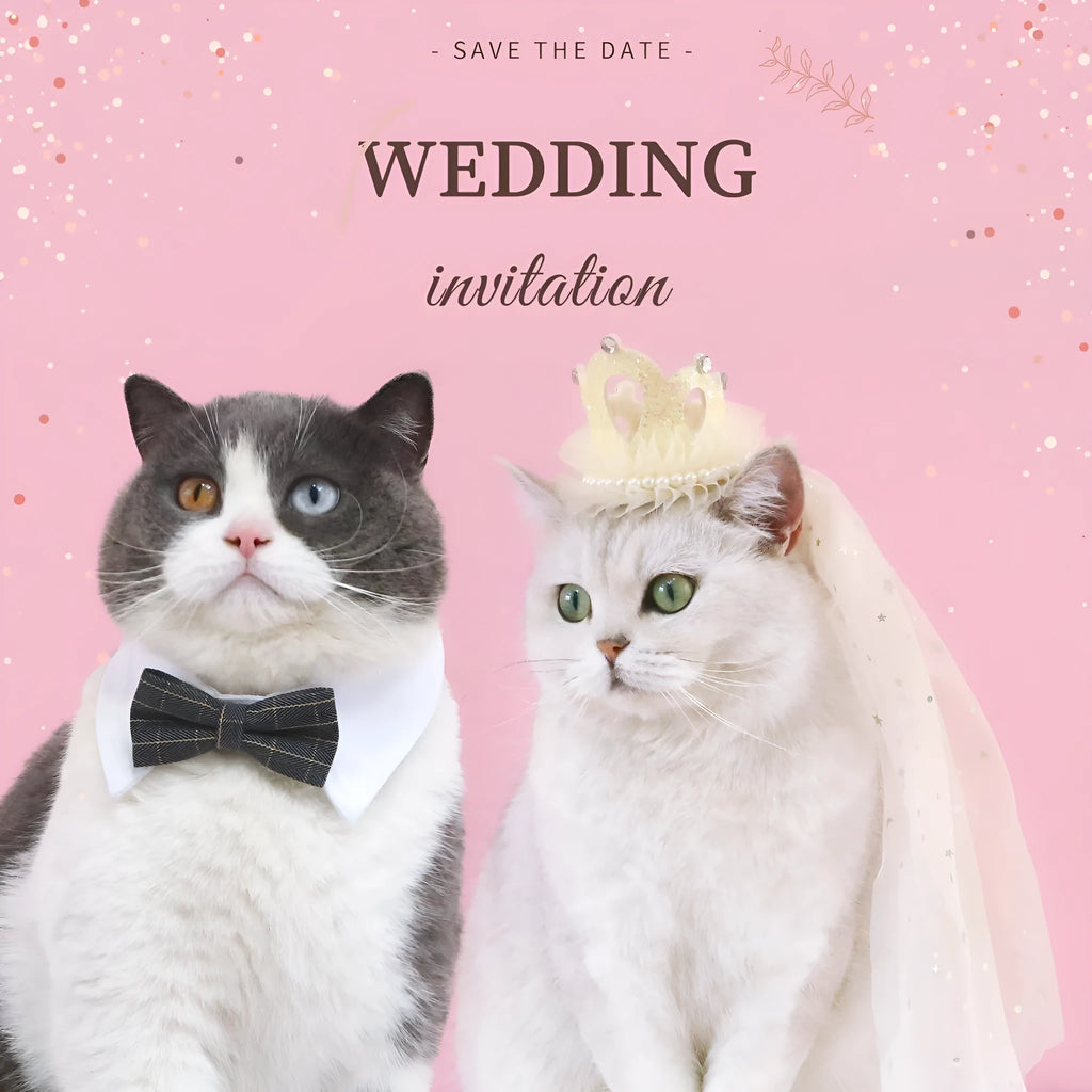 Cat wearing princess crown headdress with veil in beige or pink colour for wedding celebrations