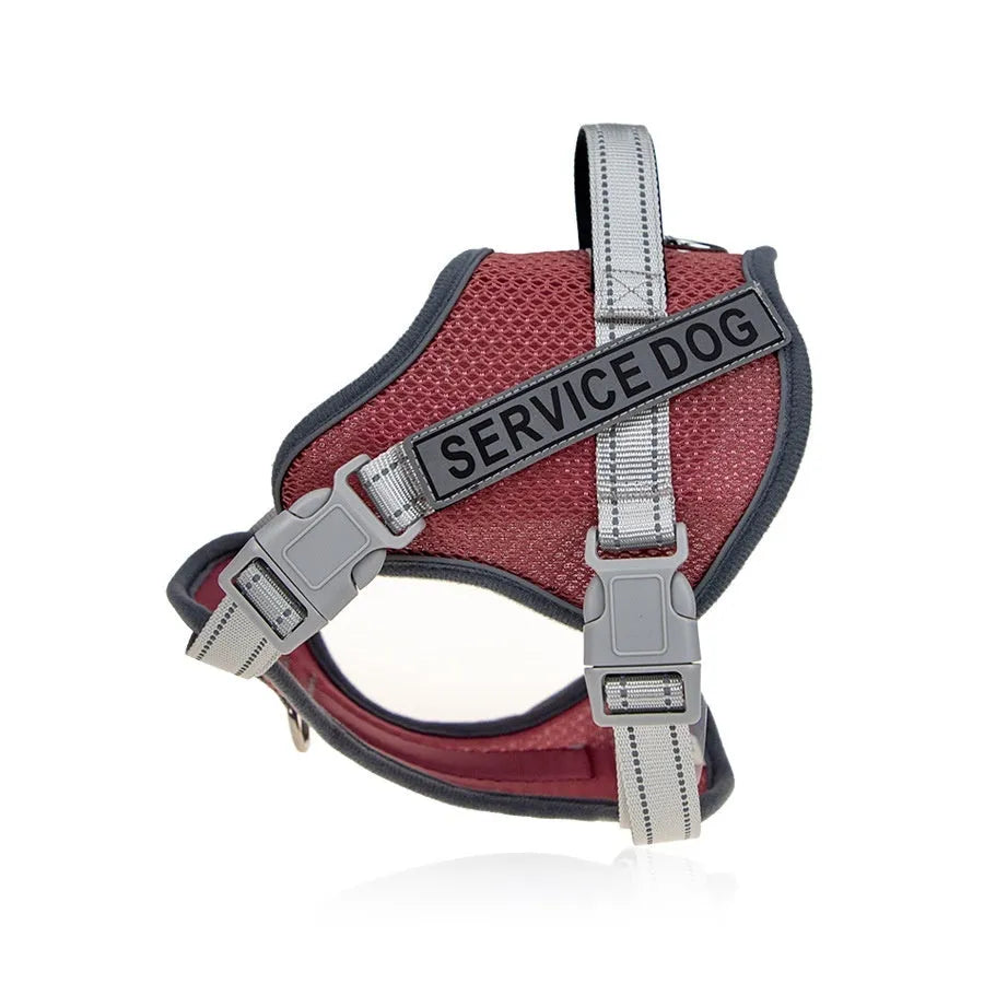 Colourful reflective dog harness with safety neck protection in ankela red, dark blue, or camouflage patterns
