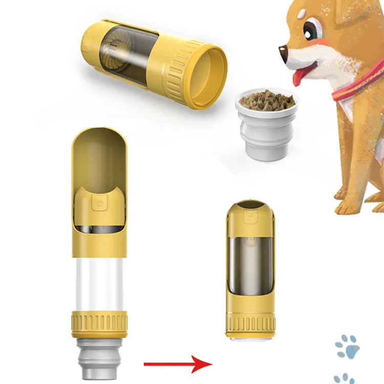 Dark blue portable dog water bottle with built-in drinking bowl, showing leak-proof cap.