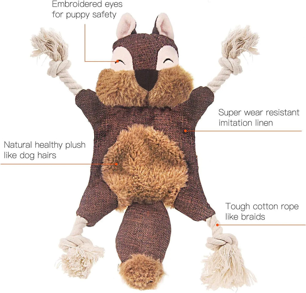 Brown fox-shaped dog toy with rope arms and legs, embroidery eyes, squeaker and crinkle sounds