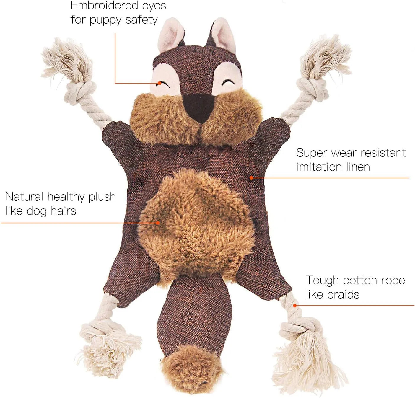 Brown fox-shaped dog toy with rope arms and legs, embroidery eyes, squeaker and crinkle sounds