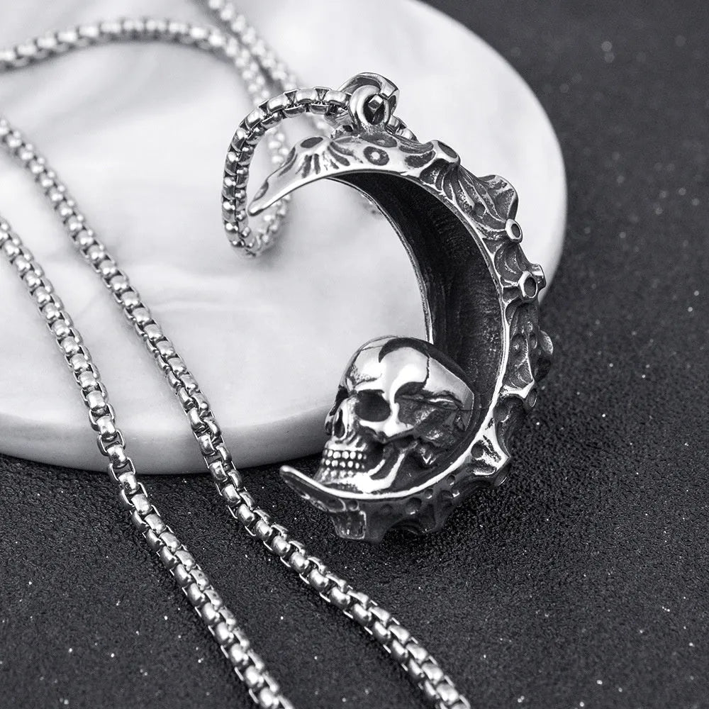 Men's stainless steel necklace with electroplated silver alloy pendant showing six gothic design options