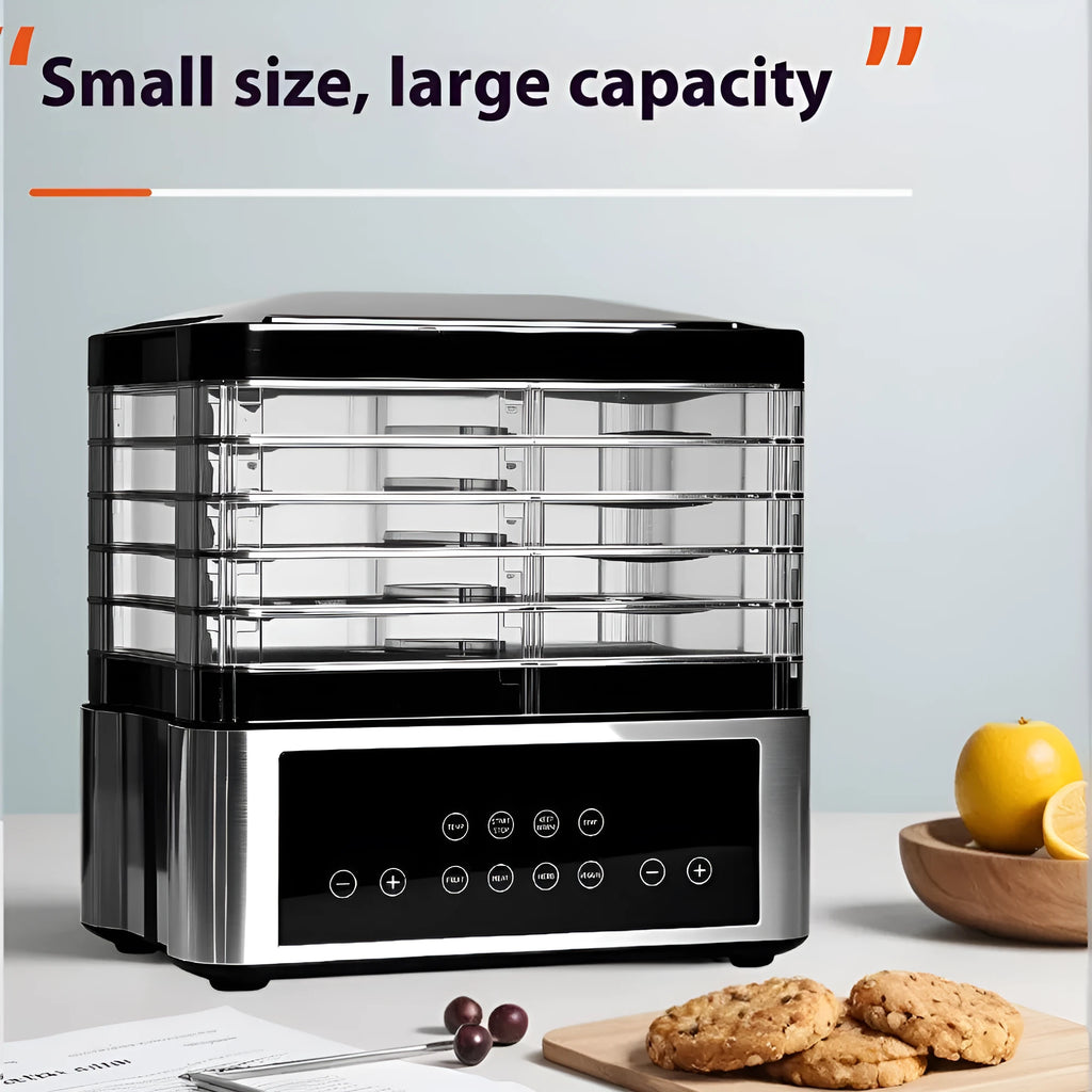 Silver stainless steel household food dehydrator with digital controls and mesh drying trays.