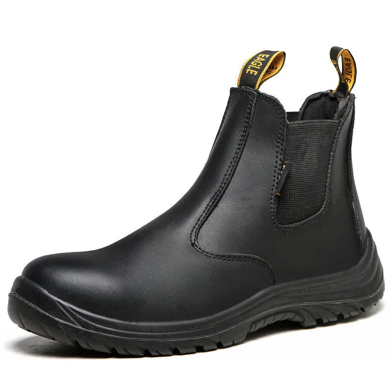 Black leather high-top safety work boots with anti-piercing sole protection.