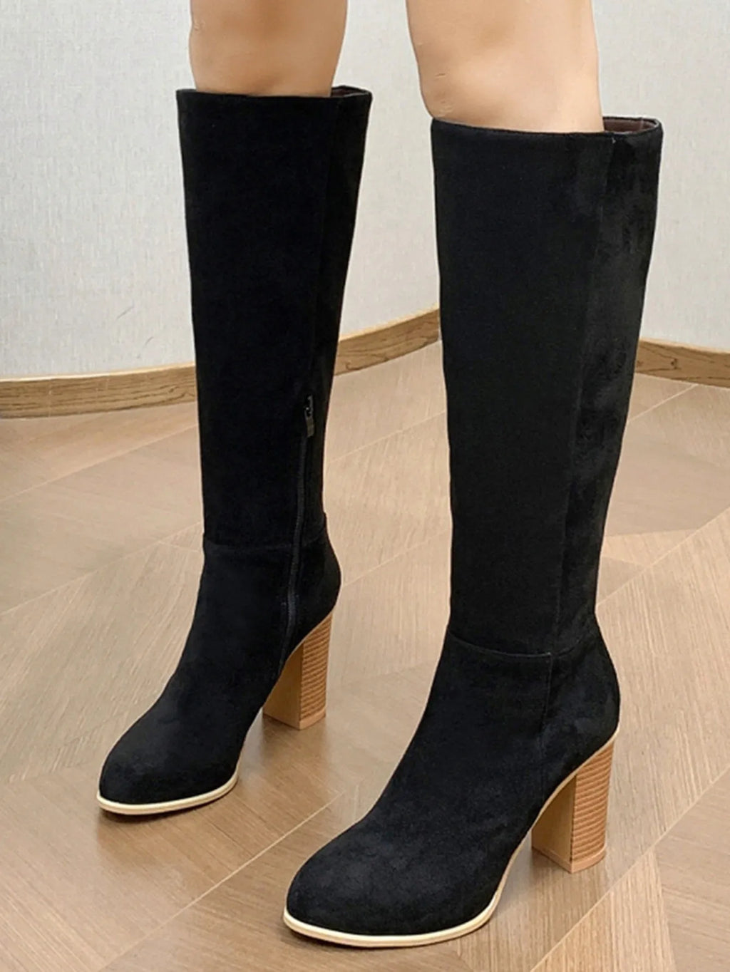 Women's black square toe high heel fashion boot with a casual style artificial PU upper.