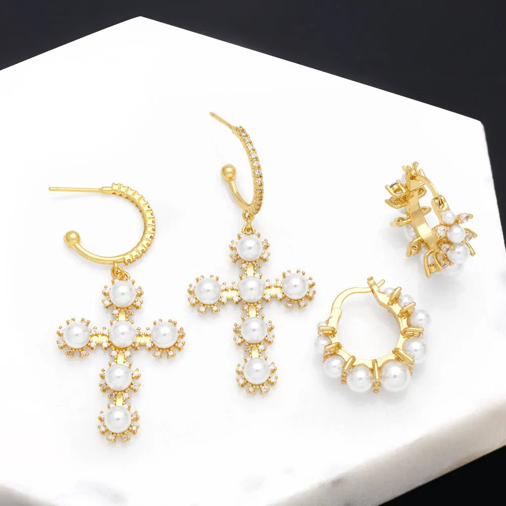 Geometric circle cross ear clip earrings for women, copper with pearl accent, colour options A and B