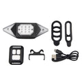 USB rechargeable bicycle turn signal with remote control, black, showing red and blue flashing LEDs