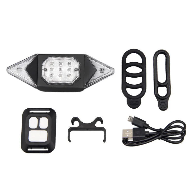 USB rechargeable bicycle turn signal with remote control, black, showing red and blue flashing LEDs