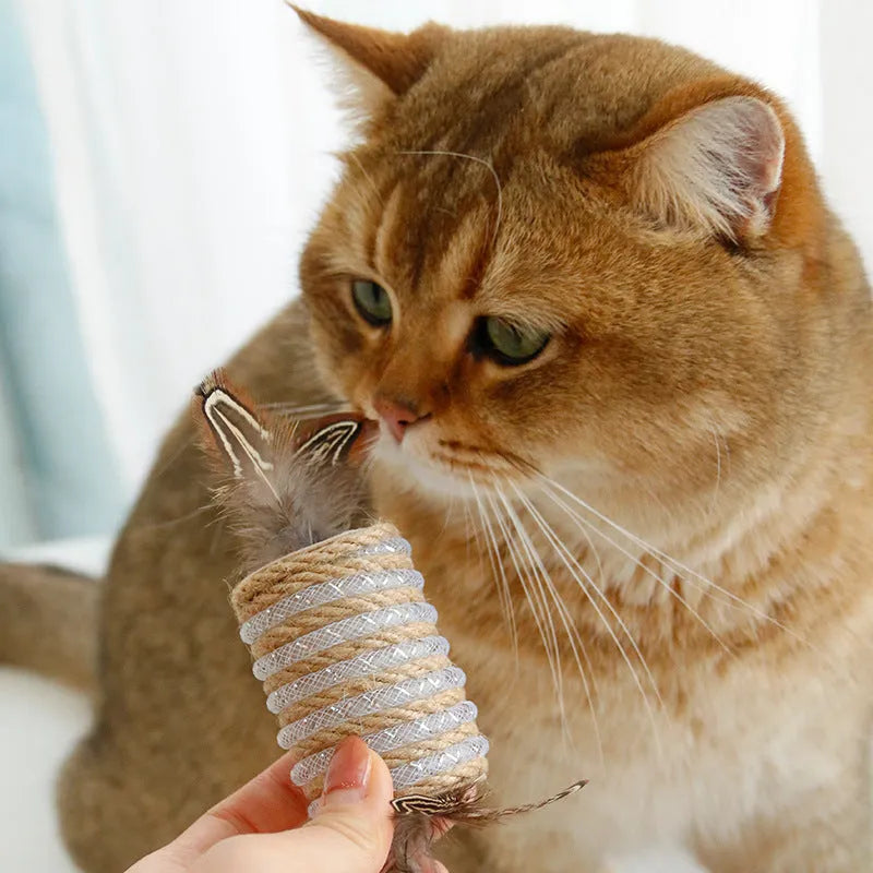 Beige cat toy made of hemp rope with feathers and an integrated roller for scratching and play