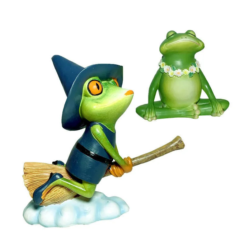 Magic yoga frog resin and plastic ornament in RDW123 colour on a shelf.